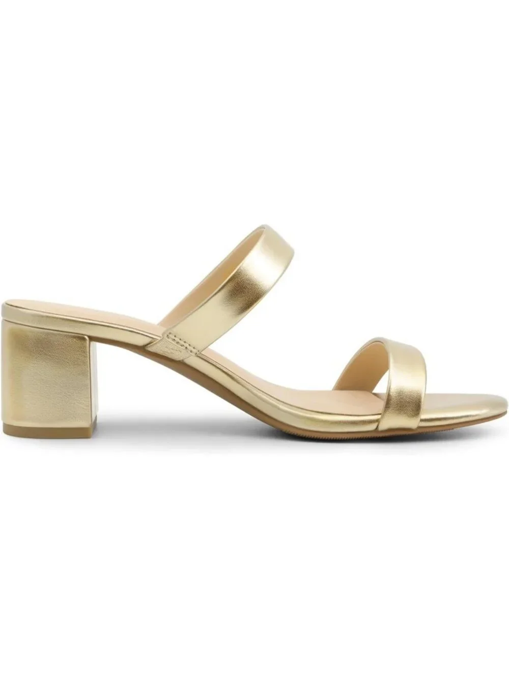 Women's Gold Faux Leather Summer Comfort Open Toe Slip On Chunky Low Heel Pumps_3